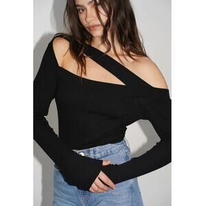 NWT LNA Clothing Otis Off-the-Shoulder Cropped Ribbed Top Black Women's Size XS
